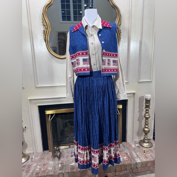 Sharon Young USA Patriotic Flag Print Linen Blend 3-Piece Set Blouse Vest Skirt - Picture 9 of 16